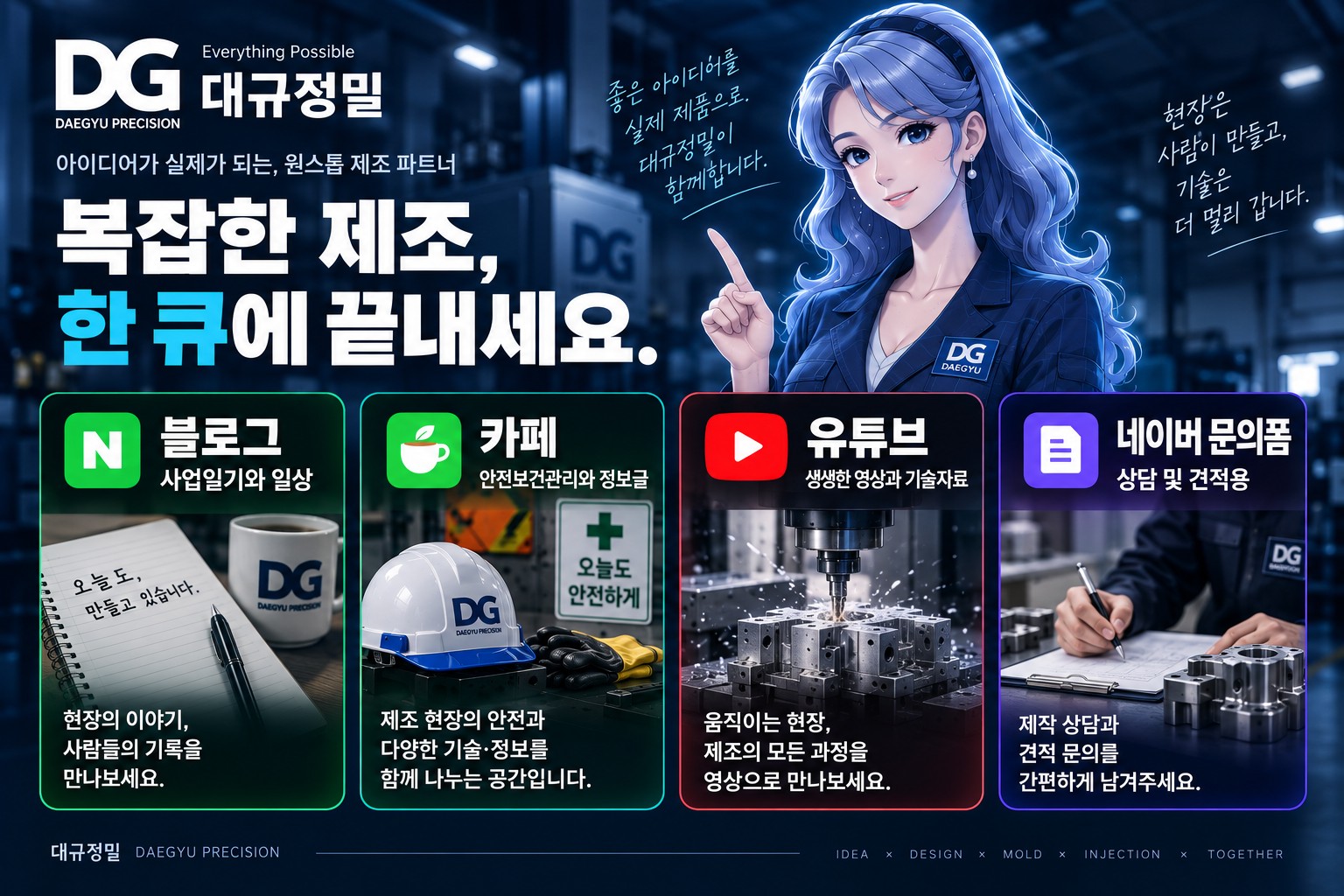 대규정밀 네이버 블로그 사업일기, 네이버 카페 제조·안전 정보, 유튜브 현장 영상, 네이버 문의폼 안내