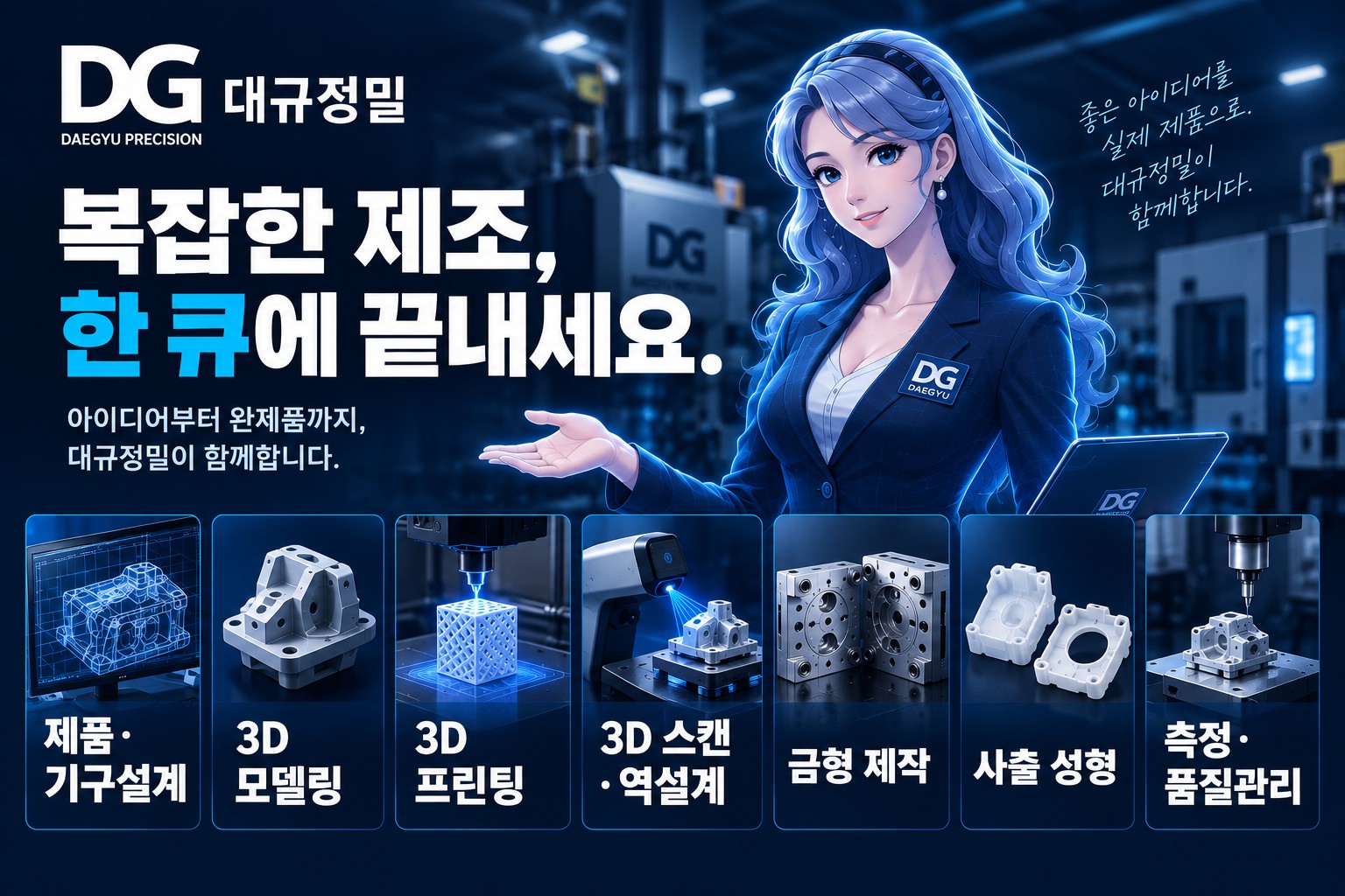 대규정밀 제품·기구설계, 3D모델링, 3D프린팅, 3D스캔·역설계, 금형 제작, 사출성형, 측정·품질관리 서비스 안내